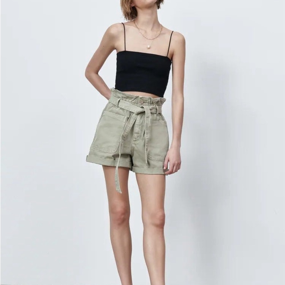 Zara High Waist Paper Bag Denim Shorts Green No Belt